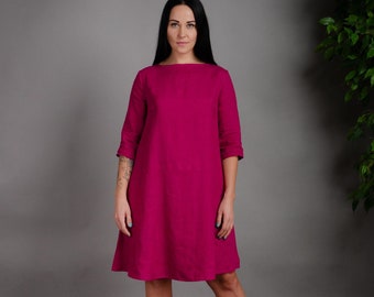 BARBARA ROSE COLOR medium sleeve linen dress with inseam pockets, rose trapeze linen dress, loose linen dress, medium linen dress