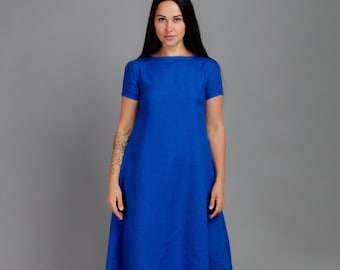 KAREN Deep blue color short sleeve long linen dress with side pockets, and a belt, long royal blue elegant linen dress