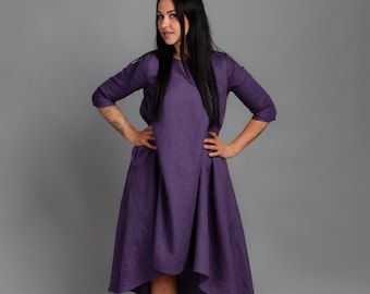SHANON Medium sleeve asymmetric LAVENDER color linen dress, trapeze linen dress with inseam pockets, loose dress, oversized linen dress