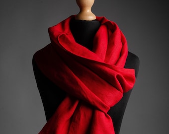 Long and wide natural linen scarf for women, red color linen scarf, Christmas gift, red linen Shawl, summer scarf, big linen scarf