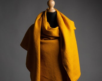 Extra large mustard color linen shawl for women, large linen unisex scarf, unisex Christmas gift, brown linen wrap