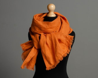 Écharpe en lin orange longue et large pour femme, foulard en lin terre cuite, châle en lin, foulard d’été, grande écharpe en lin