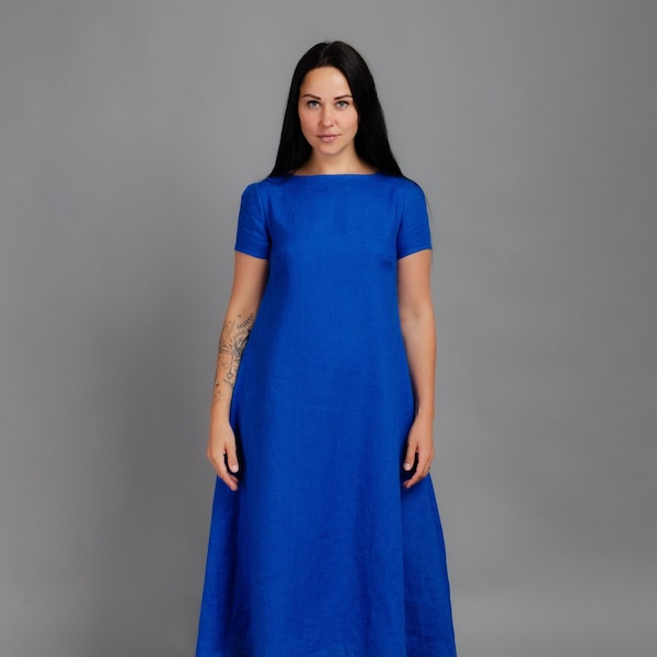 KAREN Tiefblaue Farbe kurzärmeliges langes Leinenkleid mit Seitentaschen und einem Gürtel, langes königliches blaues elegantes Leinenkleid
