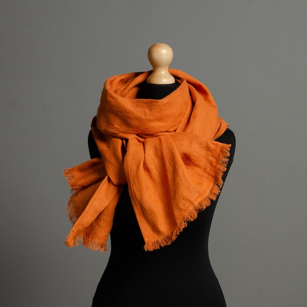 Long and wide orange linen scarf for women, terracotta linen scarf,  linen Shawl, summer scarf, big linen scarf