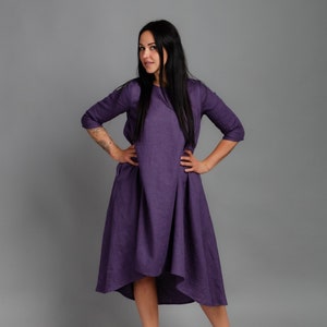 SHANON Medium sleeve asymmetric LAVENDER color linen dress, trapeze linen dress with inseam pockets, loose dress, oversized linen dress