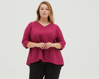 BERNIN Plus size V-hals medium mouw rose kleur linnen tuniek, plus size linnen kleding voor vrouwen