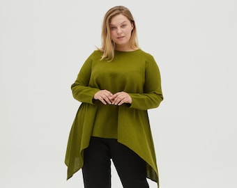 AURORA Plus size flattering olive green colour linen tunic ,olive colour long linen shirt, green long linen blouse, long sleeve tunic