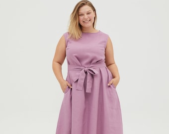 REBECA Long PLUS SIZE summer linen dress with inseam pockets and a ribbon belt, plus size linen clothes for women