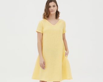 KIMBERLY short sleeve V-NECK yellow linen dress with side pockets, loose linen dress,  women oversized linen dress, medium linen dress