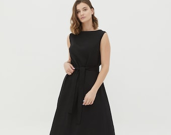 REBECA Long BLACK summer linen dress with inseam pockets and a ribbon belt, maxi sleeveless linen dress