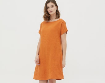 SANDRA Couleur terre cuite robe d’été en lin à manches courtes avec poches en couture, robe en lin orange ample, robe régulière, robe en lin trapèze