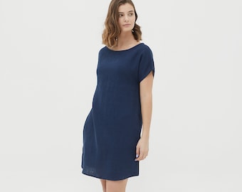 SANDRA Navy blue short sleeve linen summer dress with inseam pockets, loose linen dress, simple linen dress, trapeze linen dress