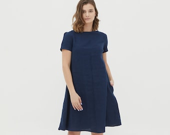 MEGHAN short sleeve NAVY BLUE linen dress with side pockets, loose linen dress,  women oversized linen dress, medium length linen dress