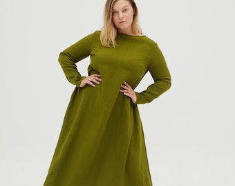 SARAH Olive green colour long plus size linen dress with side pockets and a belt, long sleeve linen dress, cozy dress, elegant linen dress