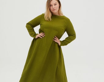 SARAH Abito lungo in lino color verde oliva per taglie forti con tasche laterali e cintura, abito in lino a maniche lunghe, abito comodo, elegante abito in lino