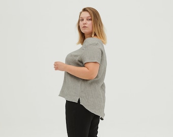 DEBORAH plus size asymmetrische linnen top met korte mouwen, zomer linnen blouse, natuurlijke linnen top met lange rug, gestreepte plus size linnen top