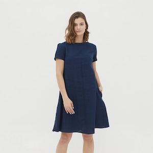 MEGHAN Kurzarm NAVY BLUE Leinenkleid mit Seitentaschen, lockeres Leinenkleid, Damen übergroßes Leinenkleid, mittellanges Leinenkleid