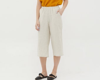 MELANIE natürliche weitbeinige Leinen-Culottes mit elastischer Taille und Innentaschen, breite mittellange Leinenhose, breite Beinleinen Damenhose