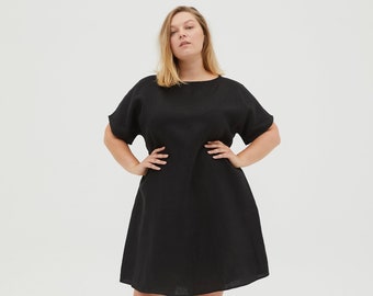SANDRA Plus size black linen summer dress with inseam pockets, loose linen dress, simple linen dress, trapeze linen dress