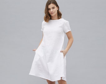 MEGHAN short sleeve white linen dress with side pockets, loose linen dress,  women oversized linen dress, medium length linen dress