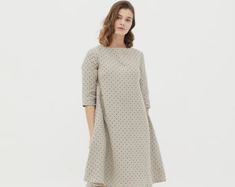BARBARA Natural colour dotted medium sleeve linen dress with inseam pockets, trapeze linen dress, loose linen dress, medium linen dress