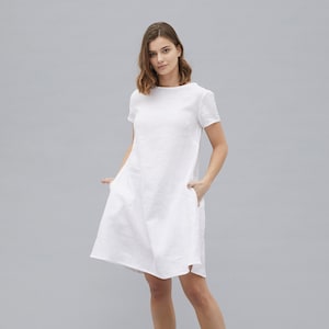 MEGHAN short sleeve white linen dress with side pockets, loose linen dress,  women oversized linen dress, medium length linen dress