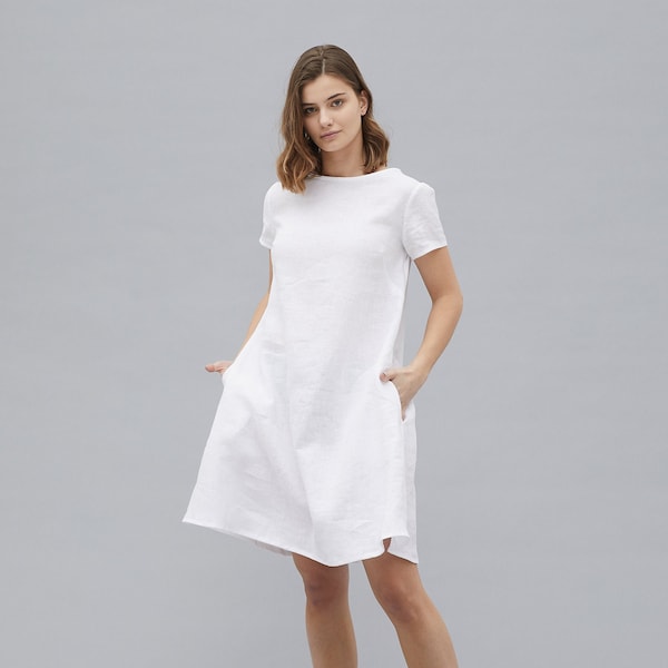 MEGHAN short sleeve white linen dress with side pockets, loose linen dress,  women oversized linen dress, medium length linen dress