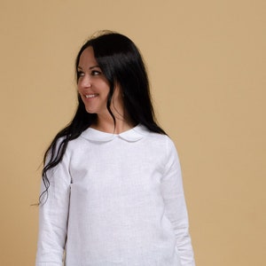 SHERRI long sleeve Peter Pan neck collar top, white colour linen shirt with splits on the sides, Simple long sleeve linen shirt