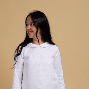 SHERRI long sleeve Peter Pan neck collar top, white colour linen shirt with splits on the sides, Simple long sleeve linen shirt image 1