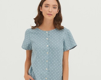 GABRIELA Turquoise white dotted short sleeve linen blouse, buttoned loose linen top, short sleeve linen tunic,  green linen blouse