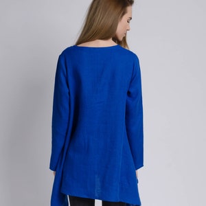 AURORA Asymmetric long sleeve blue royal color linen tunic women, bright blue long linen tunic, long linen blouse, long sleeve linen tunic image 5