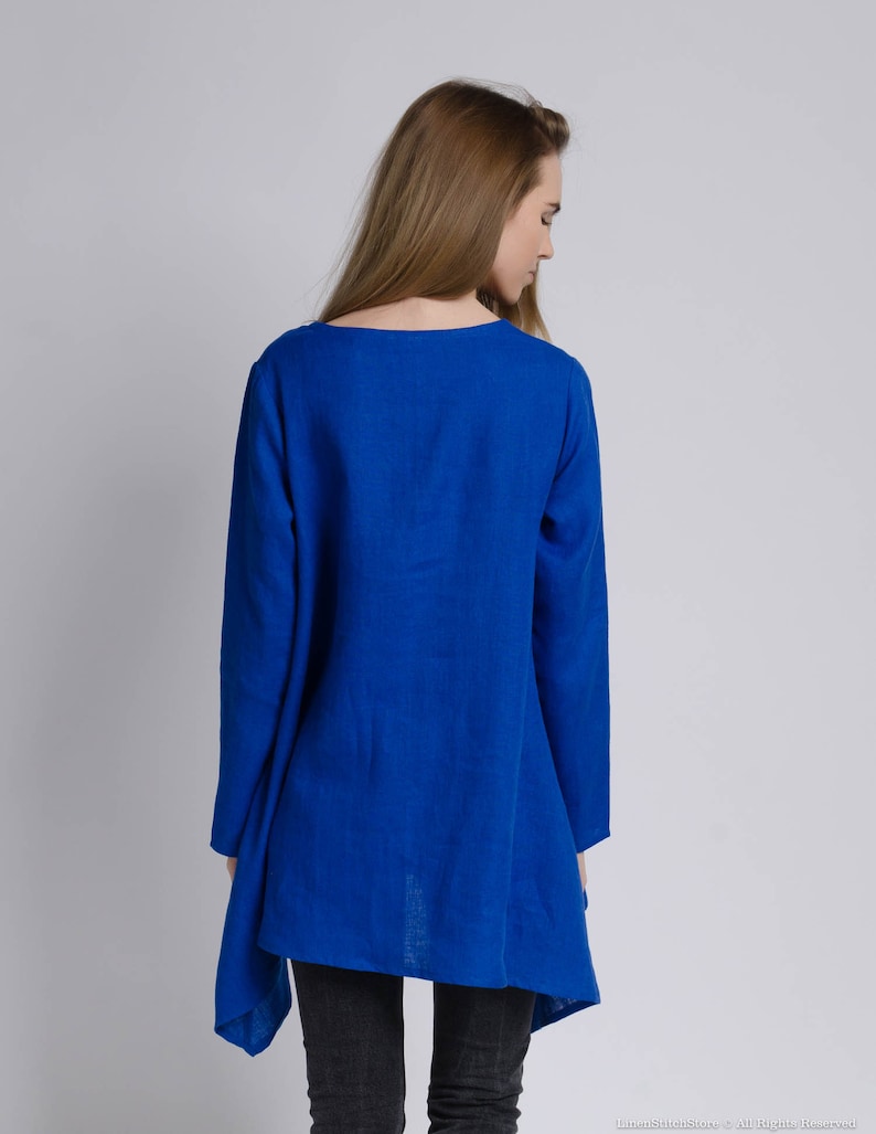 AURORA Asymmetric long sleeve blue royal color linen tunic women, bright blue long linen tunic, long linen blouse, long sleeve linen tunic image 5