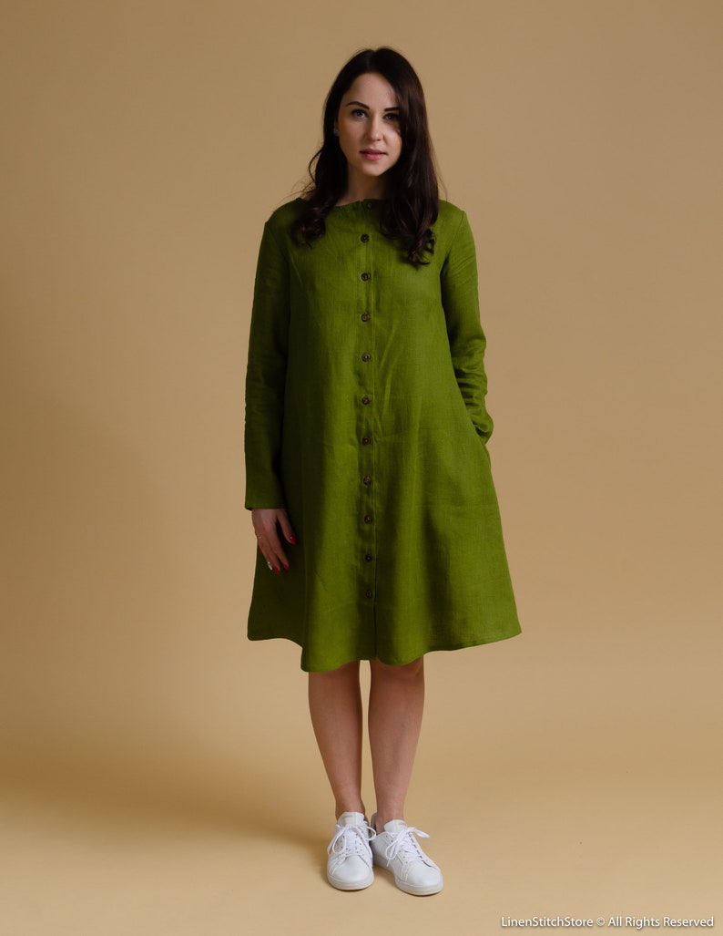 DOMINIKA Linen OLIVE color buttoned long sleeve linen dress with side pockets, green trapeze linen dress, wide dress, plus size women dress image 1