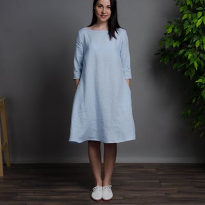 BARBARA robe en lin à manches moyennes bleu clair avec poches en couture, robe en lin trapèze bleu, robe en lin ample, robe en lin moyen image 2