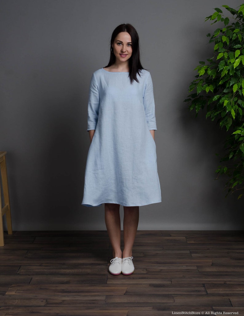 BARBARA light blue medium sleeve linen dress with inseam pockets, blue trapeze linen dress, loose linen dress, medium linen dress image 2