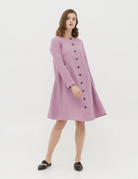 DOMINIKA linen light purple color buttoned long sleeve linen dress with side pockets, trapeze linen dress, plus size women dress DOMINIKA linen light purple color buttoned long sleeve linen dress with side pockets, trapeze linen dress, plus size women dress