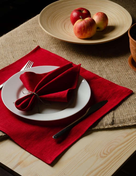 Red Linen Table Napkins, Christmas Table Accessories, Dinner