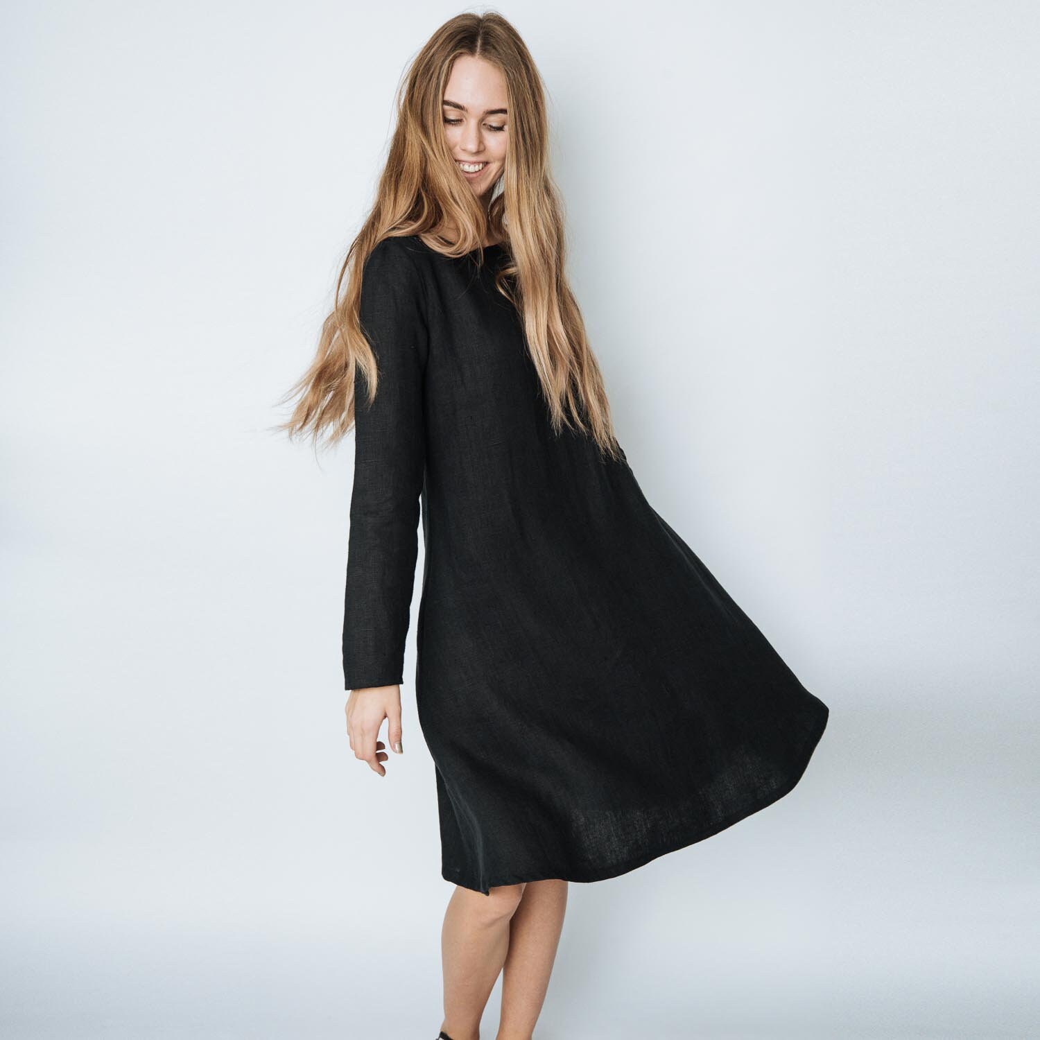 IRENA Black Linen Dress Long Sleeve Linen Dress Wide Dress - Etsy