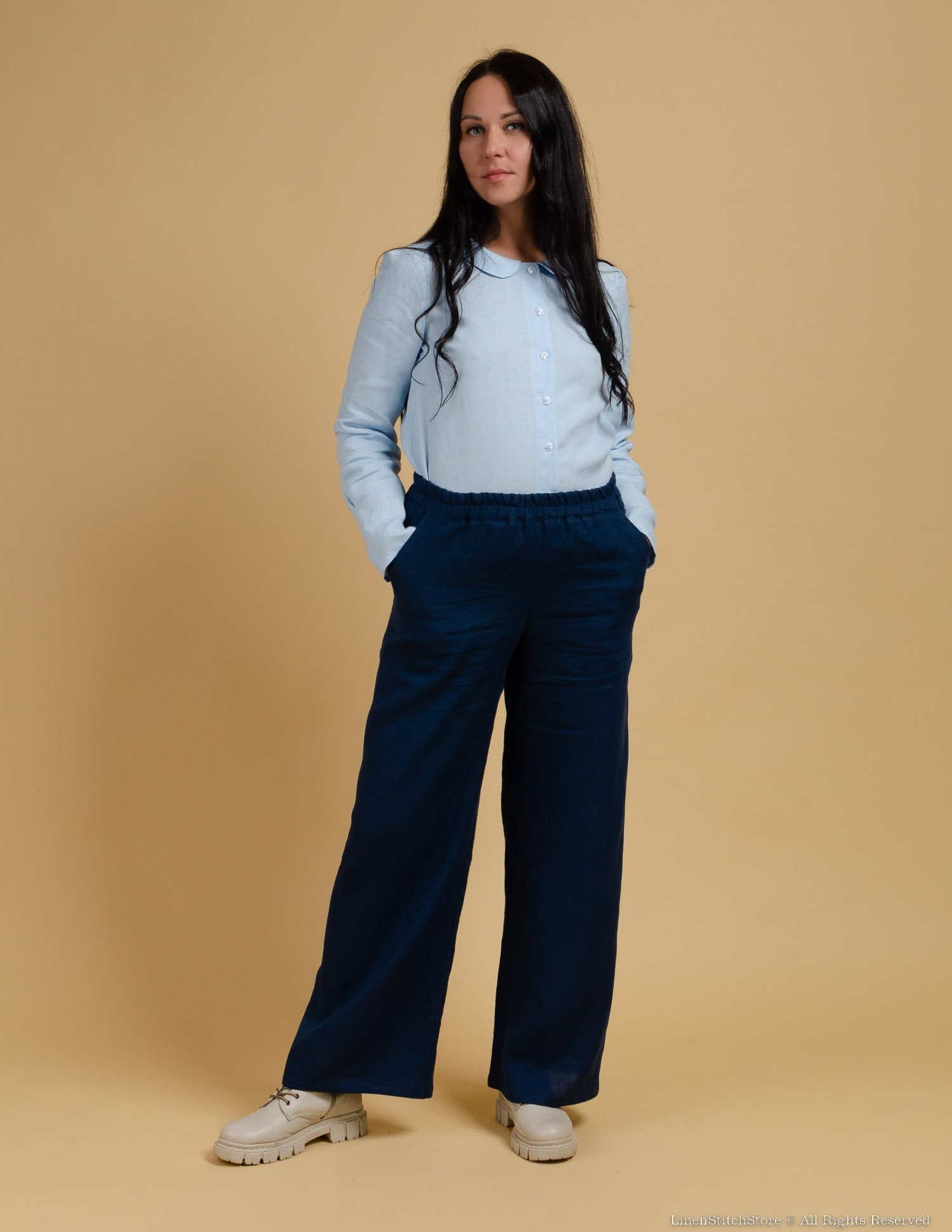 Navy Linen Blend Hollywood trousers