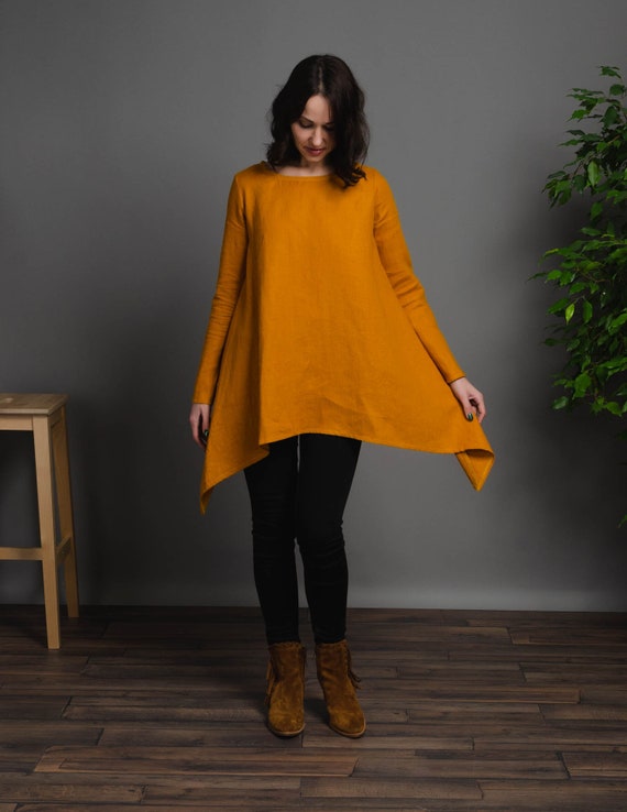AURORA Tunique asymetrique en lin couleur moutarde a manches longues pour femme chemise en lin long chemisier en lin long haut en lin a manches longues Etsy Canada