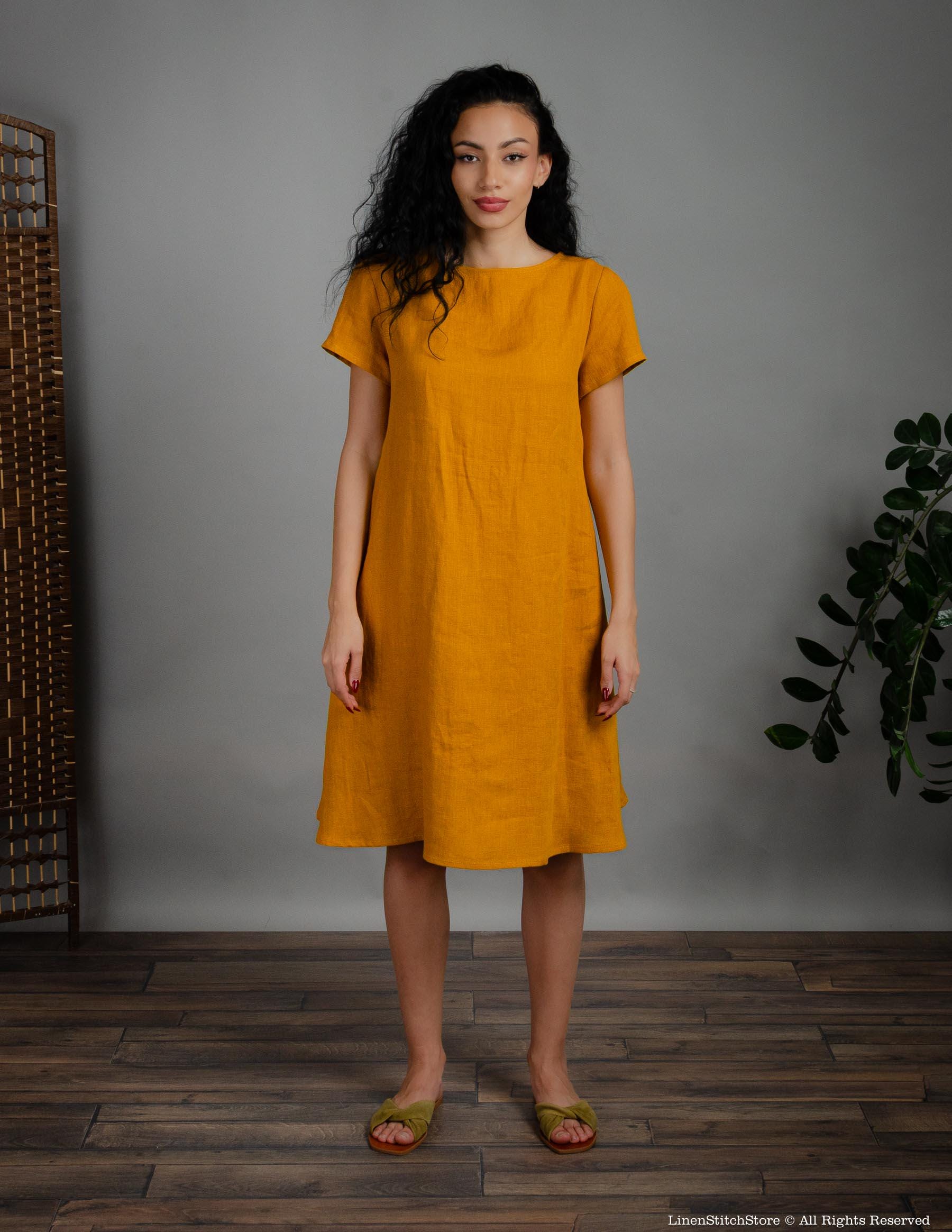 Casual Linen Mustard Dress Meghan Mustard Yellow Linen Dress For Women  Short Sleeve Summer Dress Loose Fit Casual Linen Clothing Natural Eco  Friendly Handmade Dress