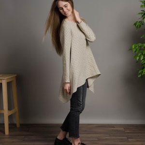 AURORA Asymmetric long sleeve dotted natural color linen tunic for women, long linen shirt, grey long linen blouse, long sleeve linen tunic image 5