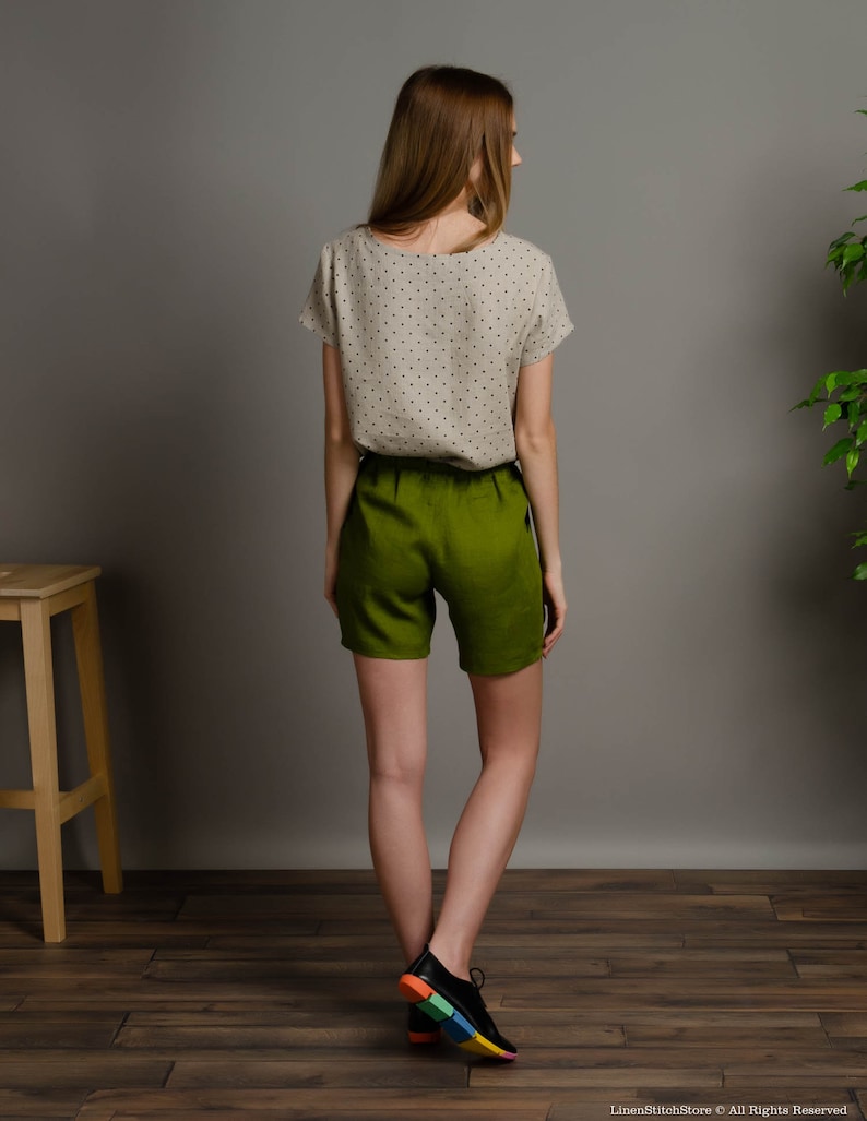 LILLY Olive green linen shorts with elastic waistband and inner pockets, short linen pants for women image 4