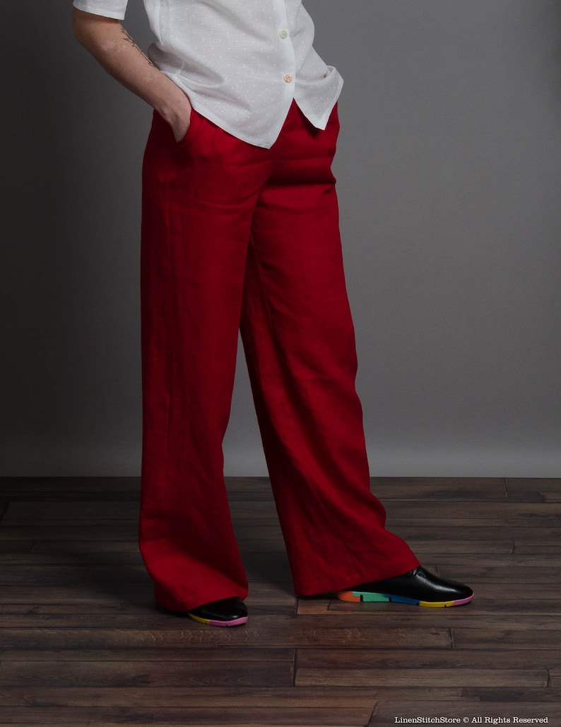 LESLIE Red Wideleg Linen Pants With Elastic Waist and Inner Etsy