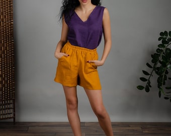 TAMARA MUSTARD Linen Shorts – High Waist Elastic Summer Shorts with Pockets – Lightweight Natural Linen Clothing – Handmade in Lithuania