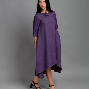 SHANON Medium sleeve asymmetric LAVENDER color linen dress, trapeze linen dress with inseam pockets, loose dress, oversized linen dress image 4