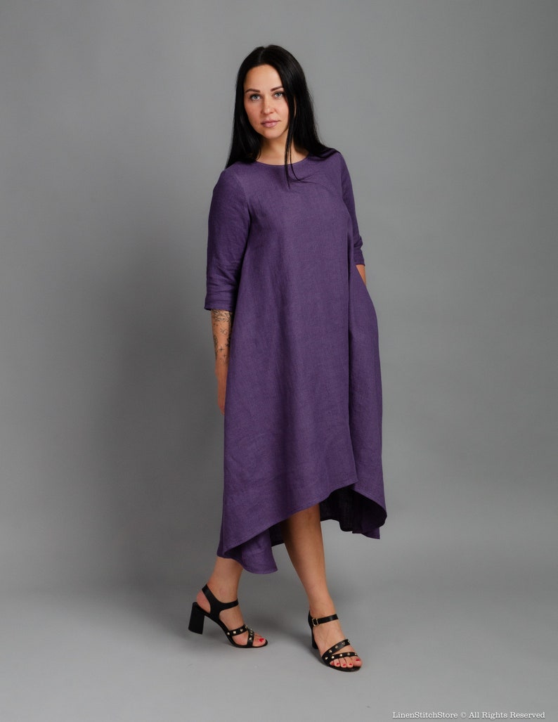 SHANON Medium sleeve asymmetric LAVENDER color linen dress, trapeze linen dress with inseam pockets, loose dress, oversized linen dress image 4