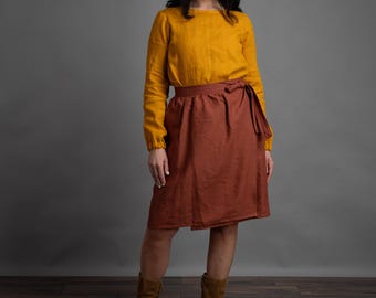 MILANA HAZELNUT BROWN Linen Wrap Skirt for Women Midi High Waist Skirt with Tie Belt – Natural Lightweight Linen Clothing Handmade