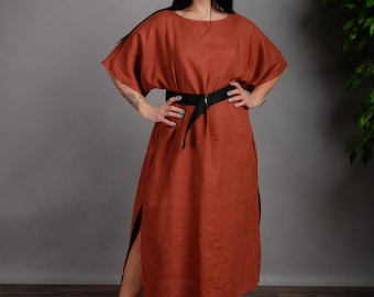 DAGMAR HAZELNUT BROWN kimono style long linen dress with a belt