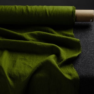 Olive colour medium weight linen fabric, chartreuse green linen fabric supply, green colour linen flax supply image 1